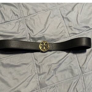 Tory Burch Black Leather Belt with Gold Logo Buckle